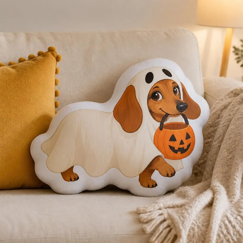 Halloween Dachshund Ghost Pillow Shaped Stuffed Cushion Pumpkin Dog Costume Throw Pillow Dog Lover Sofa Accent Home Decor