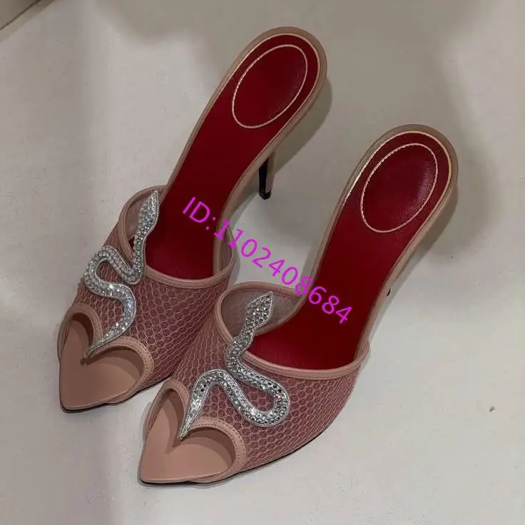 New Design Women Rhinestones Snake Beading Pointed Toe Open-Toe High-Heel Slippers Sexy Lady Peep Toe Silver Crystal Slippers