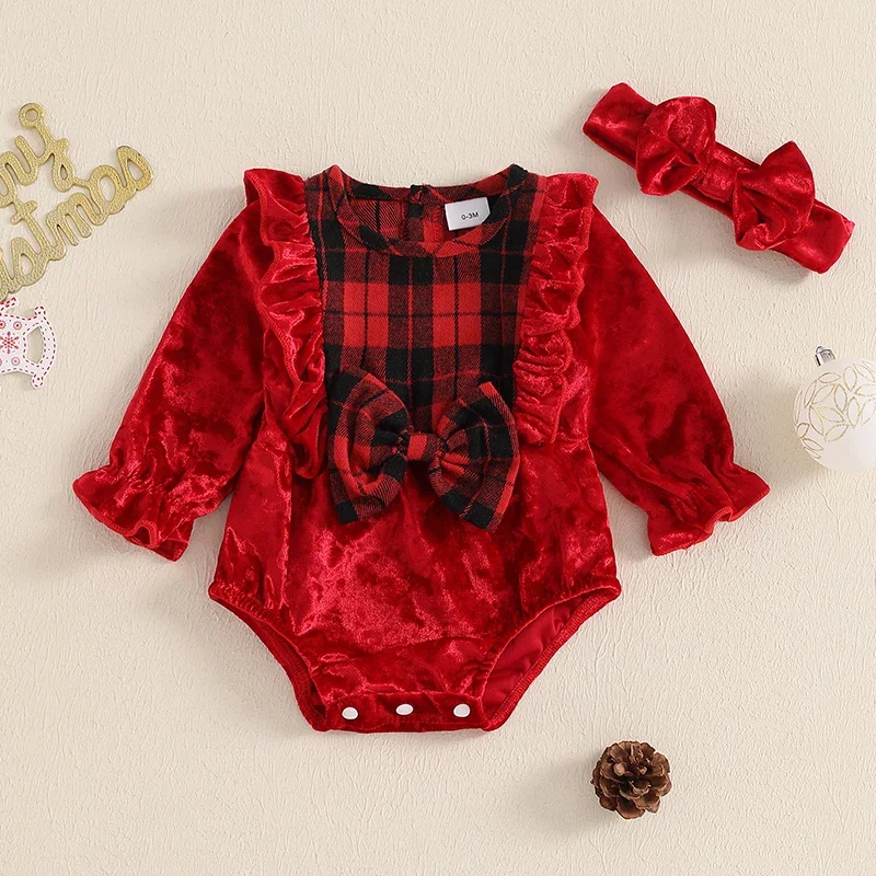 SUNSIOM 0-8 Months Baby Girls 2Pcs Christmas Outfits Ruffle Long Sleeve Plaid Print Romper + Headband Set Newborn Fall Clothes