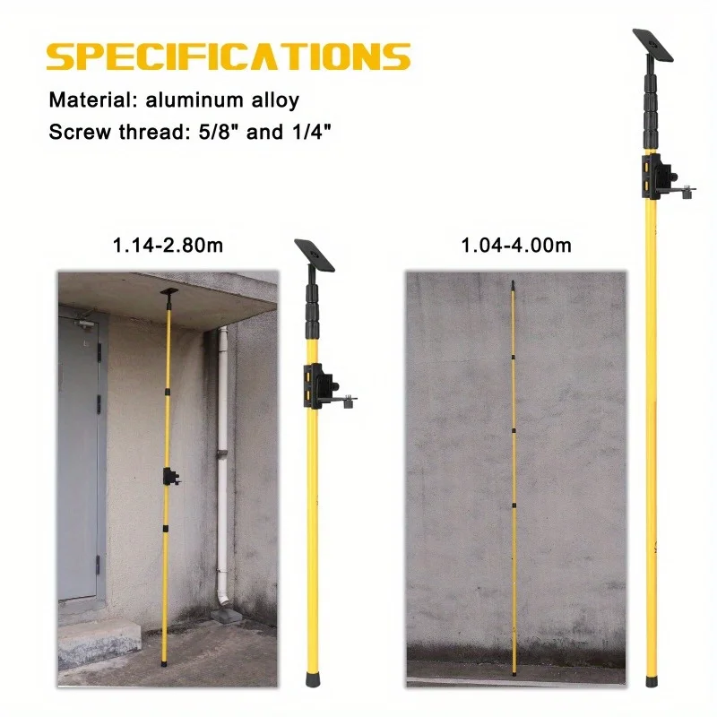 Perche télescopique en alliage d'aluminium de 1,04 à 4 m, support de levage pour niveau laser, double filetage universel 1/4" + 5/8", cadre de support réglable en hauteur. Un cadeau pratique pour les décorateurs/ingénieurs en topographie.