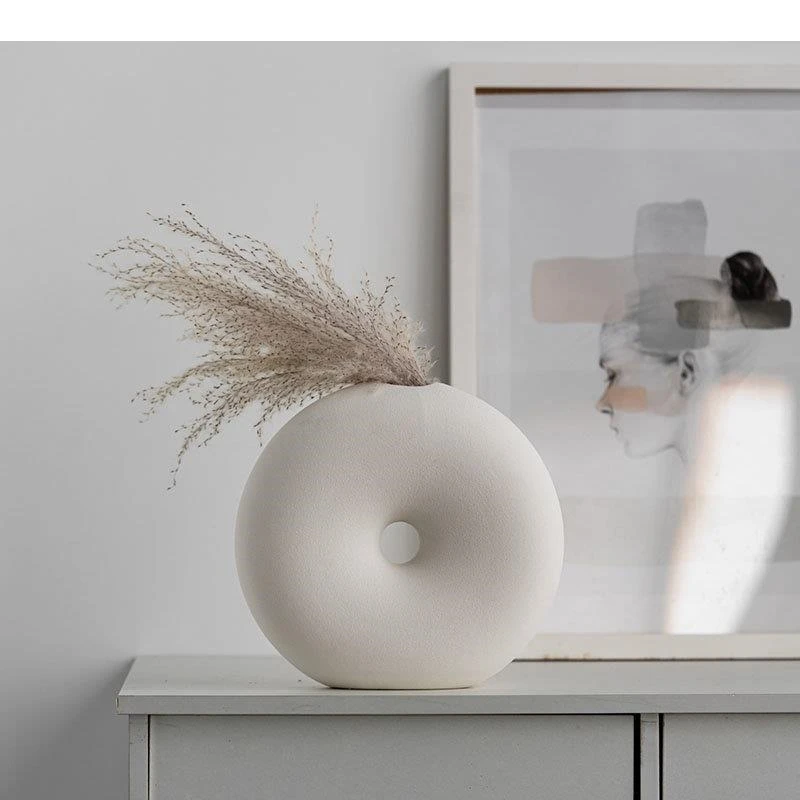 Minimalism Hollow Circular Vase Ceramic Flower Pots Desk Decoration Artificial Flowers Decorative Floral Arrangement
