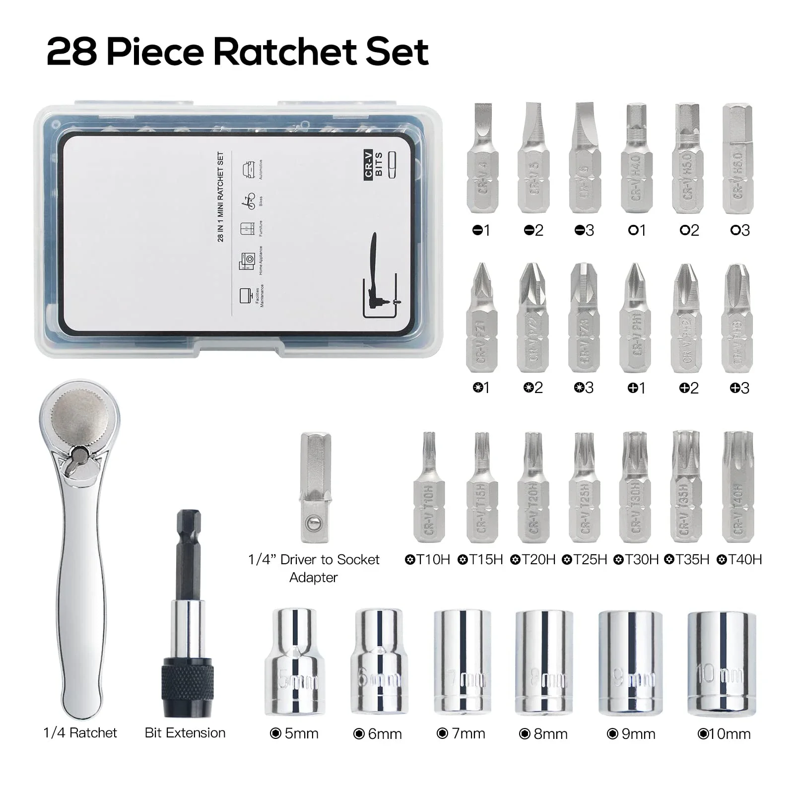 28 in 1 Mini Ratchet Wrench Set Ratcheting Screwdriver and 1/4 Inch Socket Wrench Set 72-Tooth Offset Ratchet Wrench Driver Bit