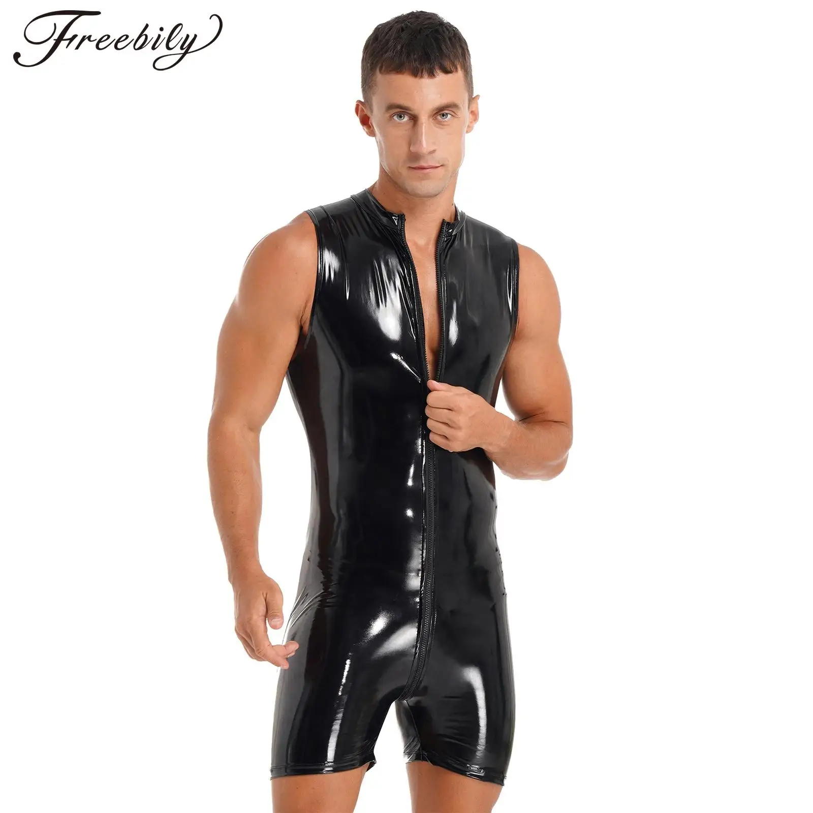 Mens Patent Leather Jumpsuits Sleeveless Wet Look Zipper Bodysuit Lingeire Hommes Unitard for Club Pole Dancing Costume Clubwear