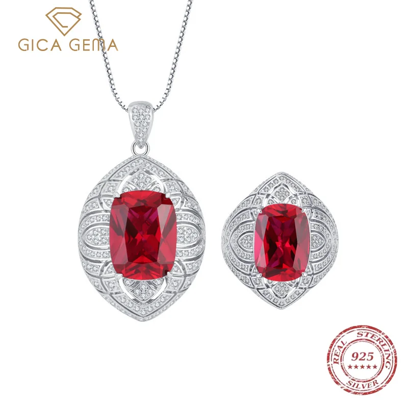 

Gica Gema Vintage 100% 925 Sterling Silver Ruby Gemstone Ring Necklace Wedding Party Fine Jewelry Sets Wedding Anniversary Gift