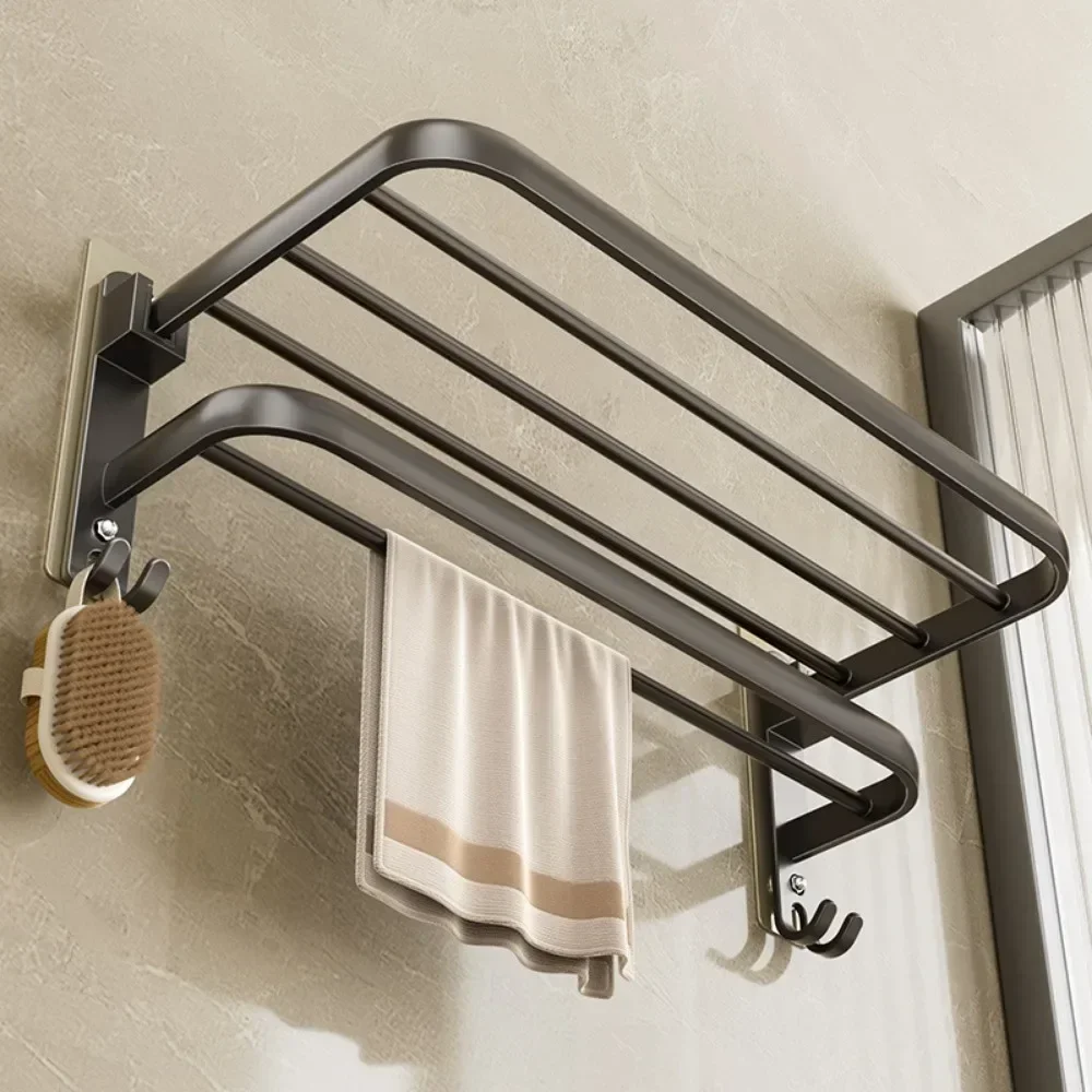 Wieszak na ręczniki 40-60 CM składany uchwyt łazienkowy akcesoria ściana kąpielowa naklejki wieszak prysznicowy z haczykiem czarny pasek aluminiowa