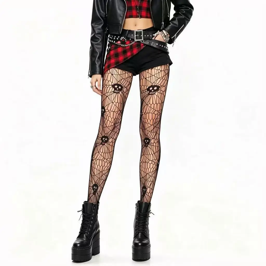 Women Skull Spider Web Fishnet Tights Gothic Punk Hollow Mesh Pantyhose Halloween Cosplay Party Club Sexy Stockings