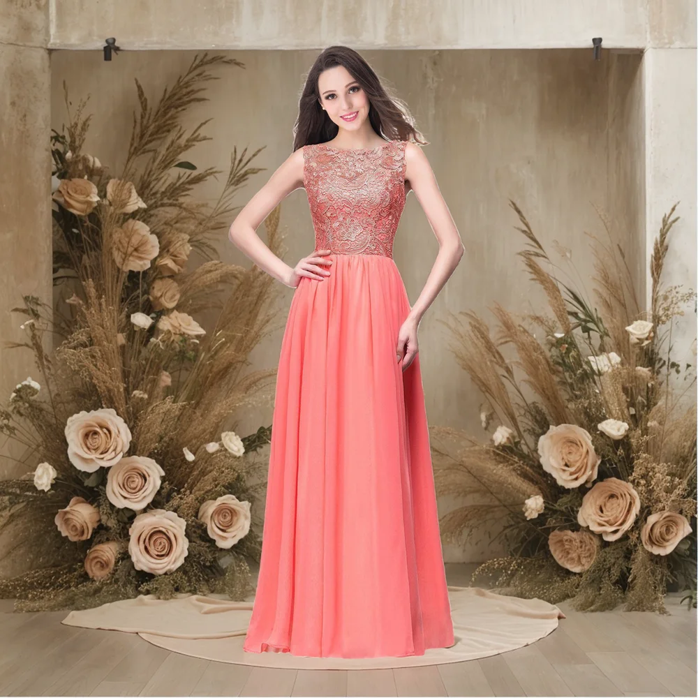 2024 Sexy Sleeveless Evening Dress Chiffon Lace Bridesmaid Dress Wedding Party Formal Evening Gowns Robe De Soirée De Mariage