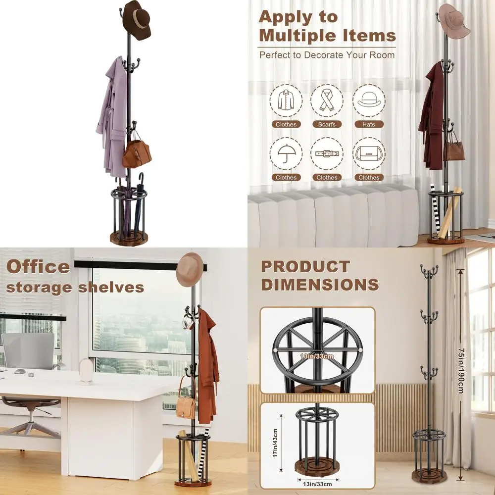 

Rustic Brown Coat Rack with Umbrella Holder and 12 Hooks for Home Use