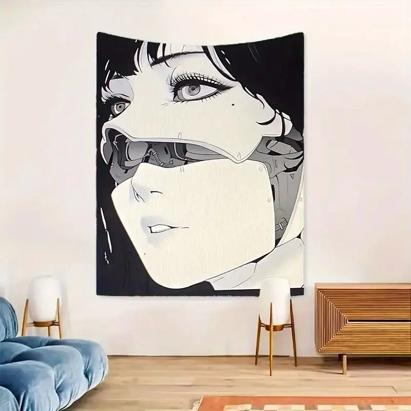VIKAMA Cyberpunk Anime Girl Tapestry, Mechanical Mask Manga Wall Hanging, Aesthetic Dorm Esports Room Decor