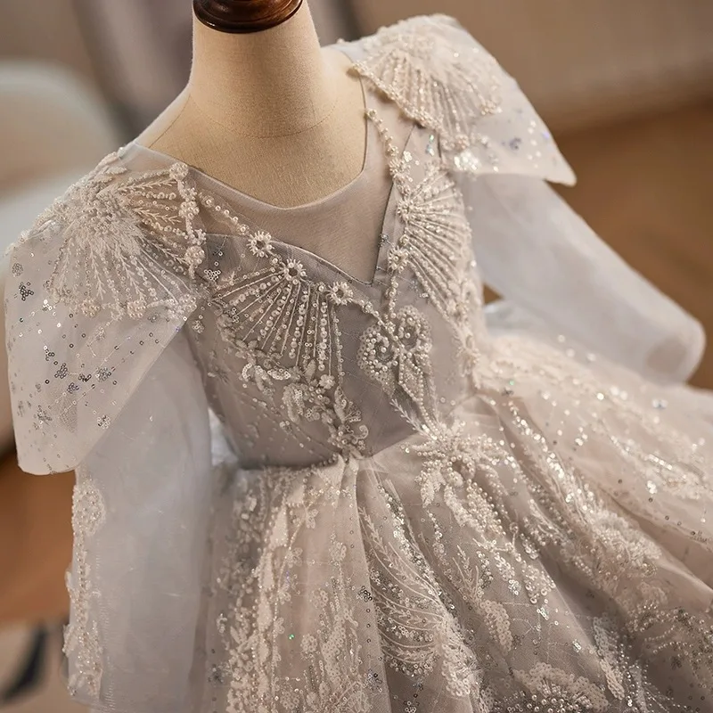 Vestido infantil de baile de lantejoulas, vestidos de bebê florista, cinza prateado, baile, aniversário, vestidos de casamento