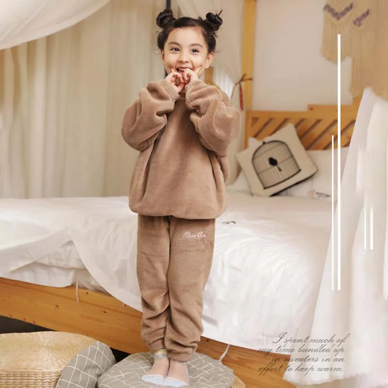 Coral Velvet Super Soft Pajamas Sets for Kids Boys Girls Long Sleeves Pants Lazy Children Sleepwear Sets Solid Nightwear Suits