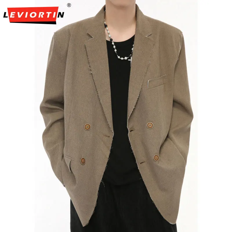 

LEVIORTIN Men's Blazers Raw Edge Double Breasted Solid Color Turn-down Collar Loose Male Suit Jackets Simple 2024 new style