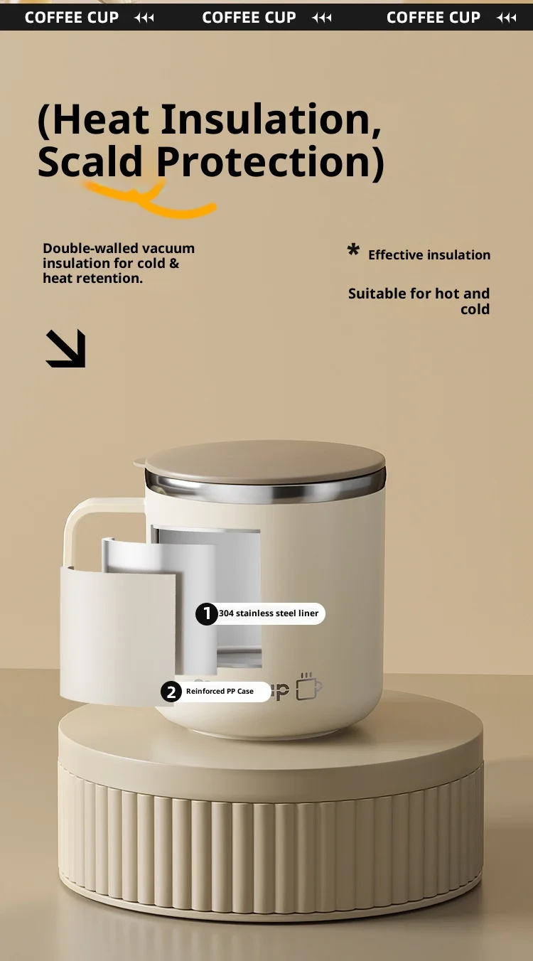 Stainless Steel Double-Walled Coffee Mug with Lid, Heat-Insulated & Thermal Retentive