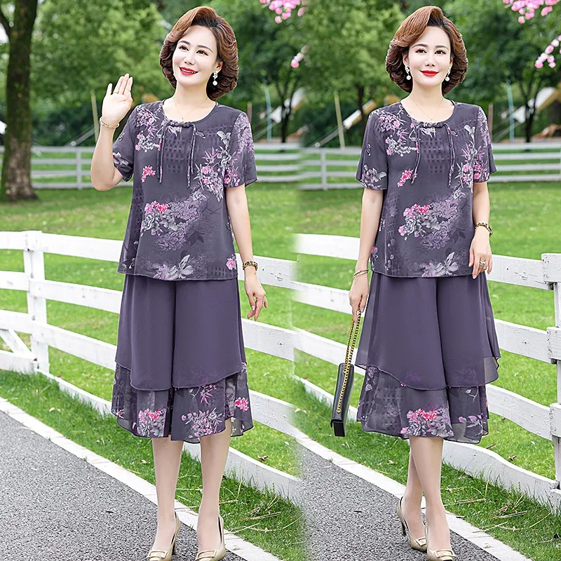 Elegant Chiffon Floral Summer Suit Middle-aged Womens Short Sleeve T-shirt Top &wide-leg Pants 2 Pcs Sets For Women Clothes