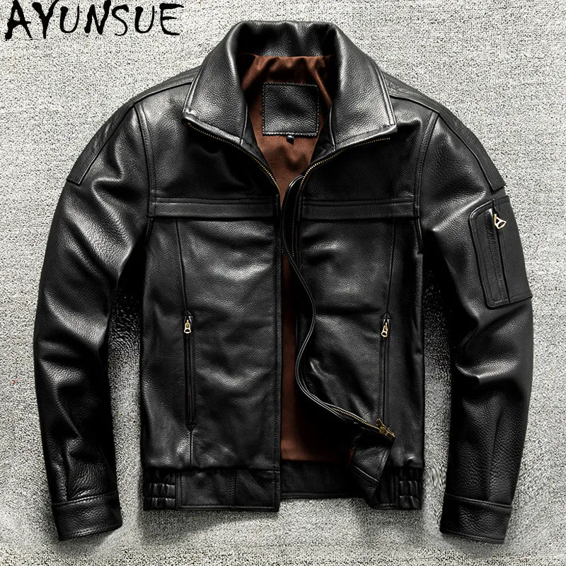 AYUNSUE Top Layer Cowhide Geuine Leather Jacket Men Fashion Lapel Short 100% Real Leather Coat Spring Autumn Leather Chaquetas