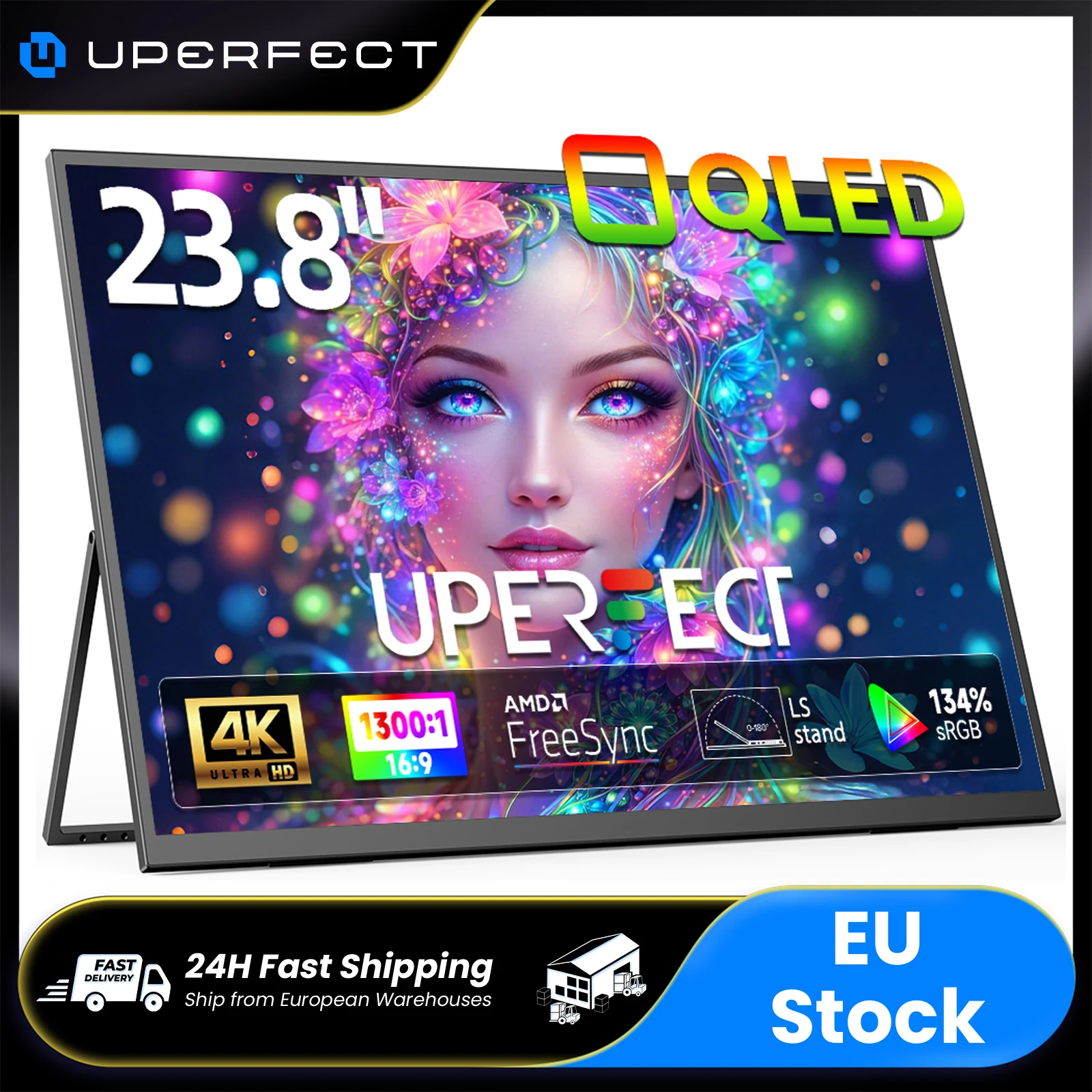 UPERFECT draagbare monitor 4K 23,8" QLED 350 Nits 3840*2160 UHD 134%sRGB FreeSync USB-C HDMI groot computerscherm voor laptop, desktop, MacBook, PS5, Xbox Switch
