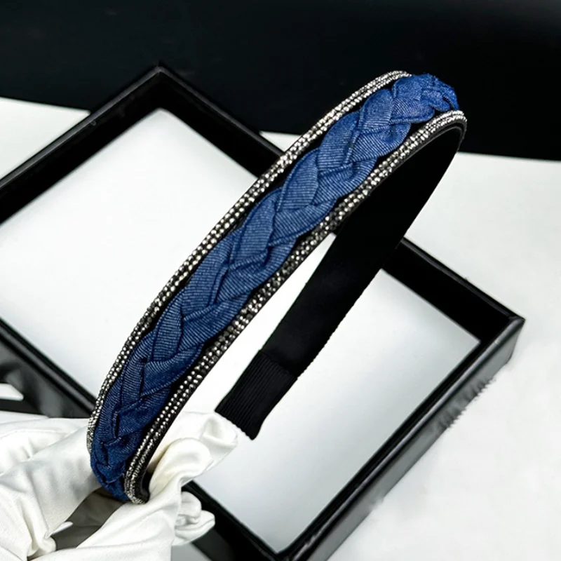 

Korean Rhinestone Chain Denim Blue Hairbands Braid Hair Hoop Headband Sweet Versatile Women Hair Accessories and Head Piece