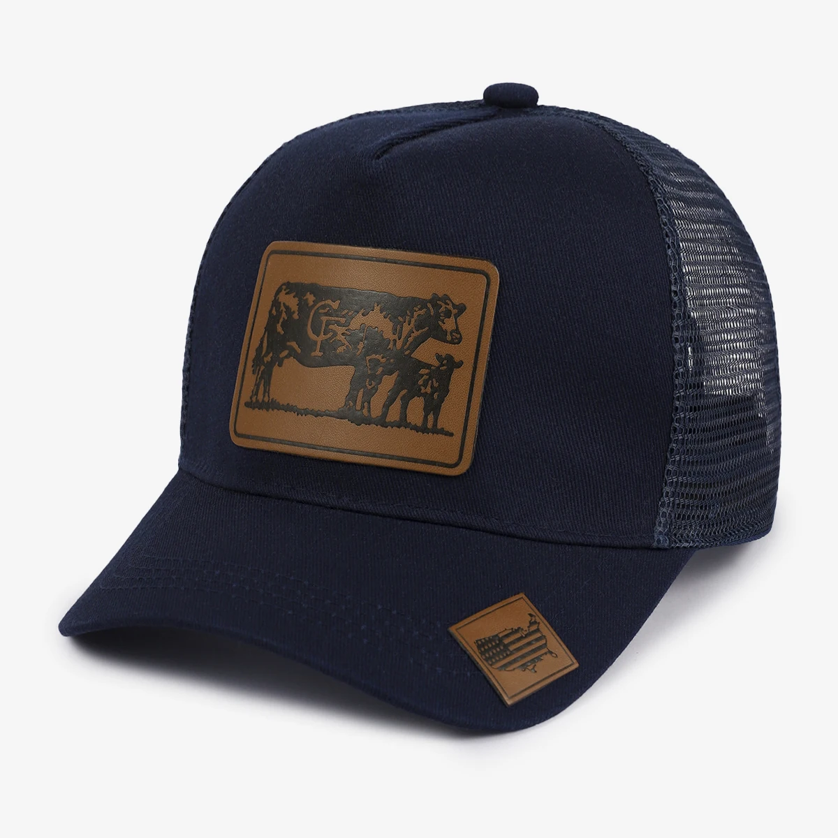 Spring/Summer New Design Patch Leather Label Baseball Cap with Map on the Lower Right Side and Breathable Net Fabric
