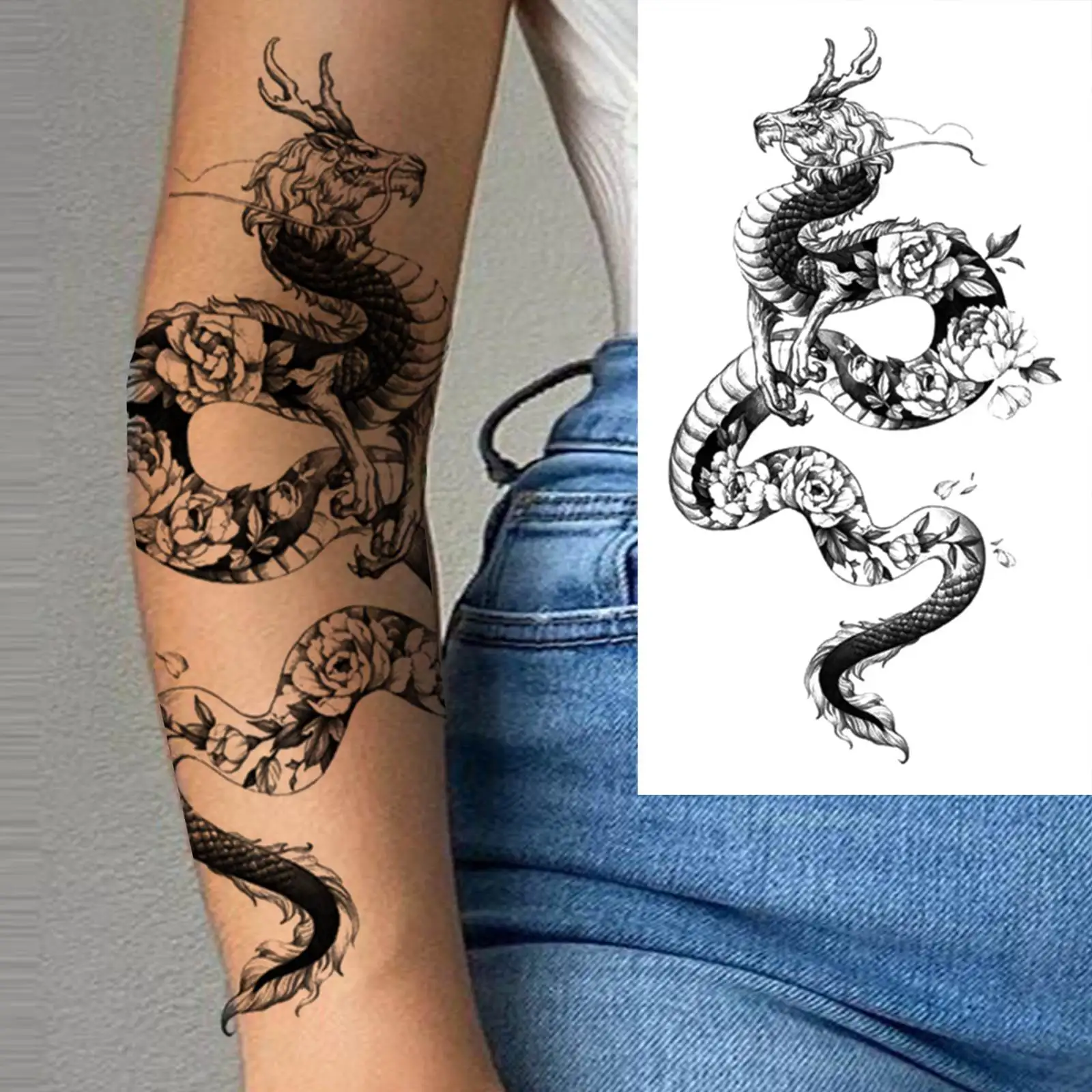 1 Sheets Dragon Temporary Tattoos For Men Women Adults Leg Arm Body Self Adhesive Fake Tattoo Sticker Transferable Realistic view 3