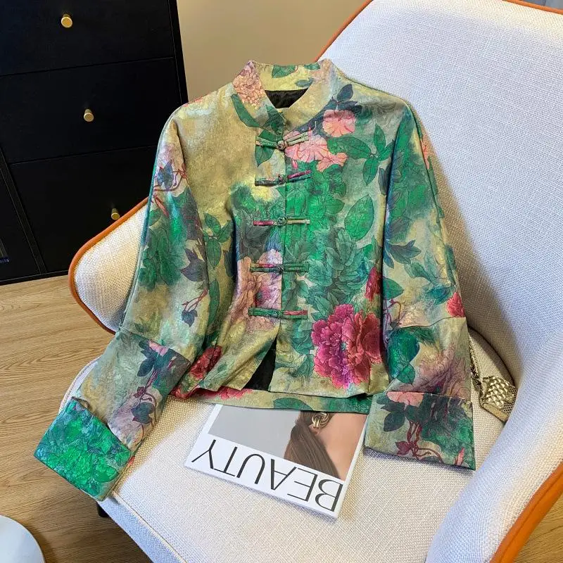 

Printed Short Chinese Style Coat Vintage Button Mandarin Collar Tang Clothes Top Jacket Women Elegant Hanfu Oriental Costume