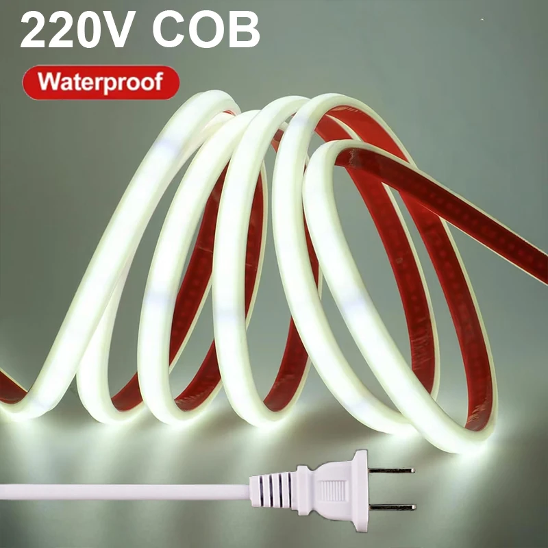 

Led Strip 220V without Transformer Waterproof COB LED Strip Lights Self-adhesive Flexible Tape for Kitchen (EU Plug)