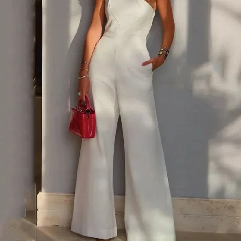 Sleeveless Fashion Women\'s Jumpsuit Long Slanted Shoulder Collar Waist Tied Solid Wide Leg Jump Suit for Female Summer 2024