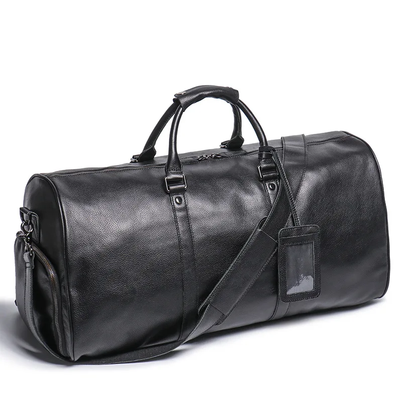 Mens Overnight Soft Leather Business Duffel Weekender Bag Black Genuine Leather Travel Bags with Shoe Compartment