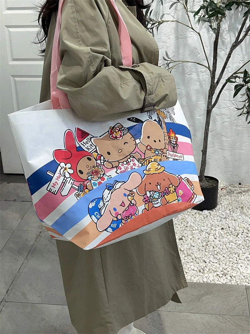 Cute Sanrio Hello Kitty Shoulder Bag Anime Cinnamoroll My Melody Large Capacity Tote Storage Bag Nylon Eco-Friendly Woven Wallet