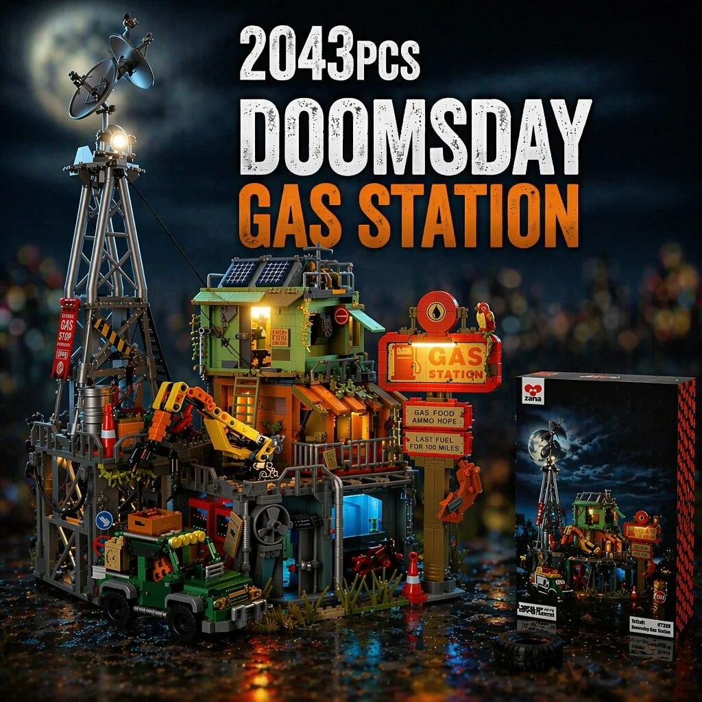 Doomsday Gas Station Bausteine Filmstadt Straßenansicht Architektur Modulares Montagemodell Baustein-Set Heimdekoration Kreatives Spielzeug Geschenke für Erwachsene 2043 Teile