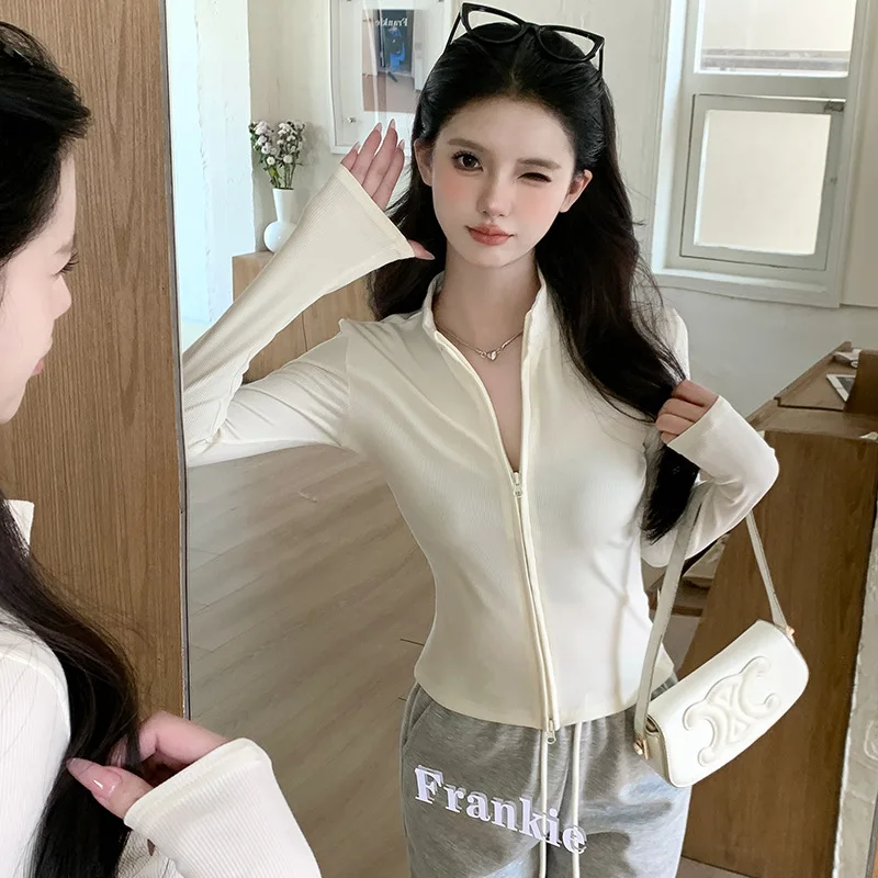 Women Coat Small Thread Stand Up Collar Double Zipper Solid Color Simple Knitted Cardigan Slim Fit Versatile Short Sleeved Top