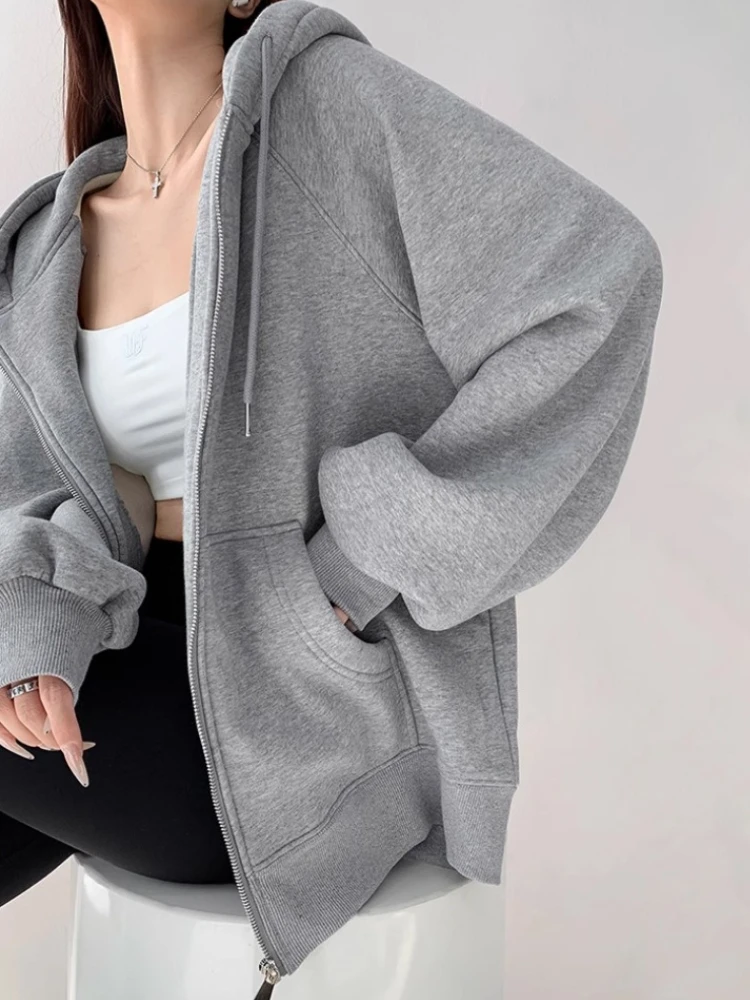 เสื้อคาร์ดิแกนแบบมีฮู้ดสีเทาสำหรับผู้หญิง แขนยาว สไตล์ลำลอง แจ็คเก็ตสปอร์ต แฟชั่นฤดูใบไม้ร่วงและฤดูหนาว ใช้งานได้หลากหลาย