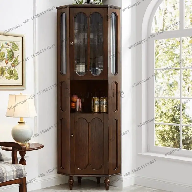 

American solid wood triangular wine cabinet against the wall living room retro European wine display cabinet
