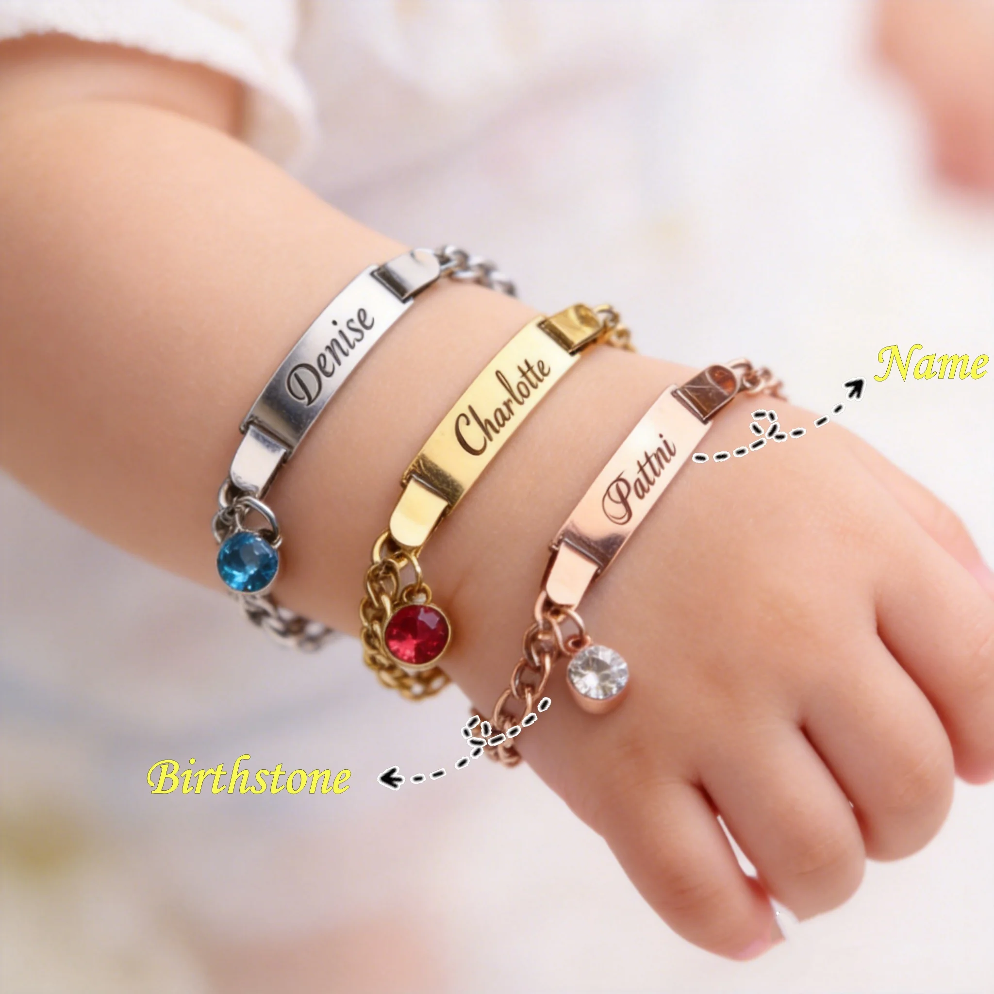 Pulsera de Eslabones de Acero Inoxidable Chapada en Oro con Nombre y Texto Personalizados para Bebé, con Piedra de Cumpleaños, Joyería Personalizada de Moda