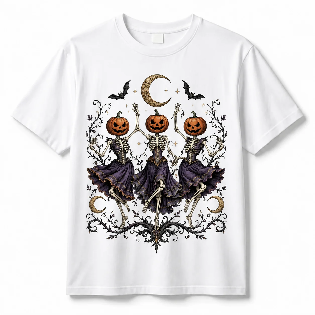 100% Cotton Soft Gothic Dancing Pumpkin Head Skeleton Print Women T‑Shirt Vintage Halloween Graphic Top