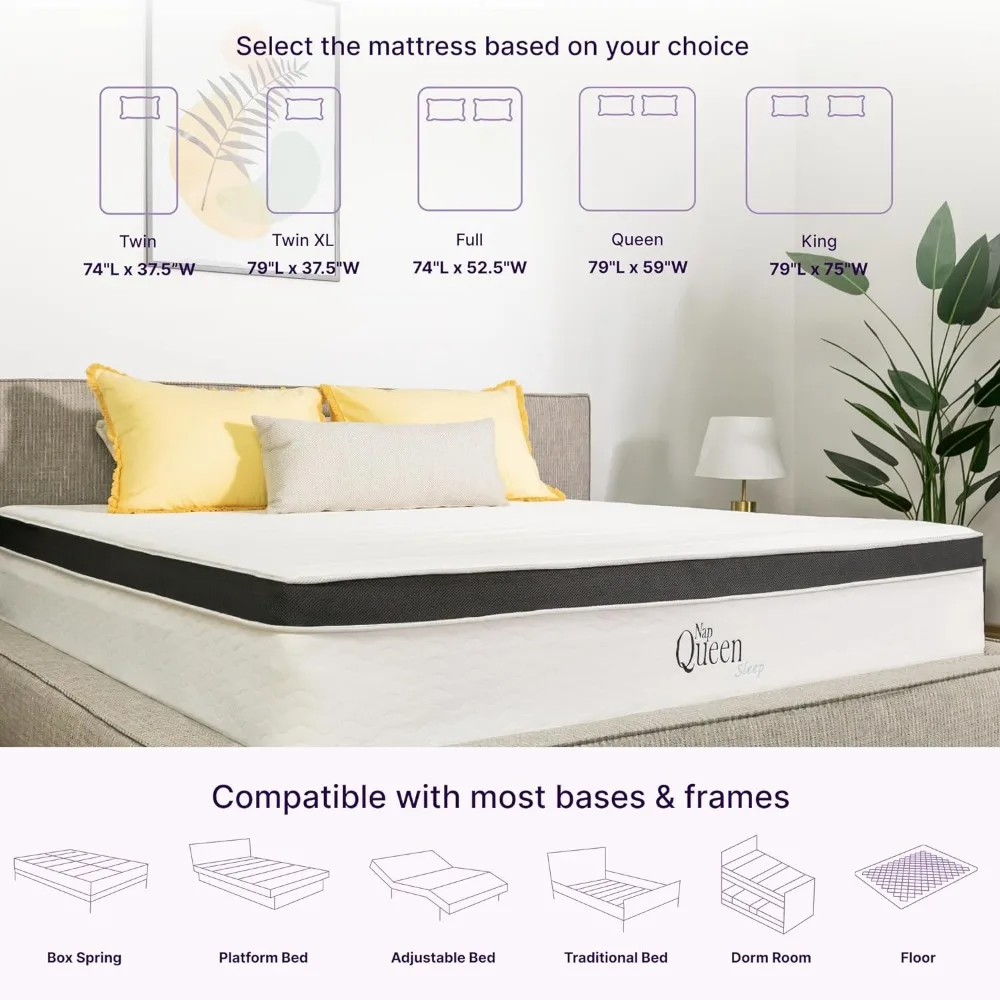 Matelas hybride Maxima, 10 pouces, taille jumelle, mousse à mémoire de forme et matelas à ressorts, lit dans une boîte, blanc et gris