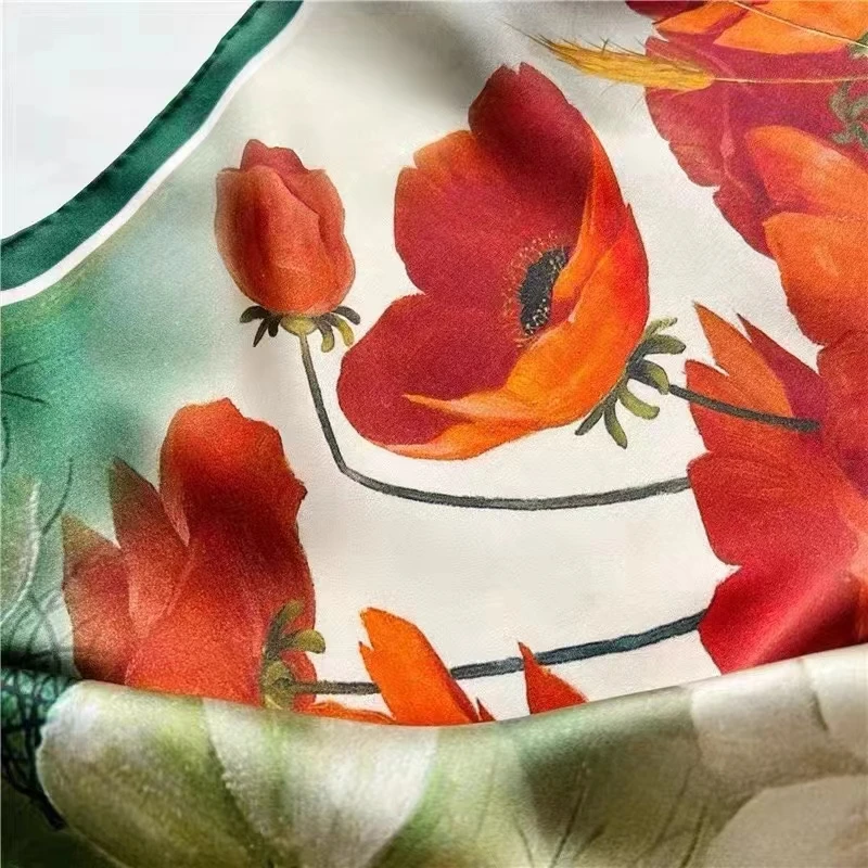 Green Red Women Natural Silk Scarf Shawl Printed Fashion Luxury 100% Pure Silk Long Scarves Elegant Floral Silk Neck Scarf Cape