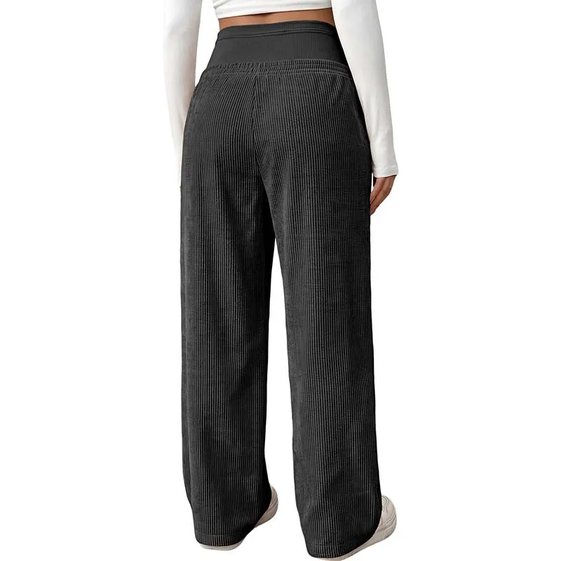 Maternity Pants Corduroy Ultra Soft Fleece Lined Lnterior Side Pockets Belly-Supporting Wide-Leg Casual Pregnancy Woman Trousers