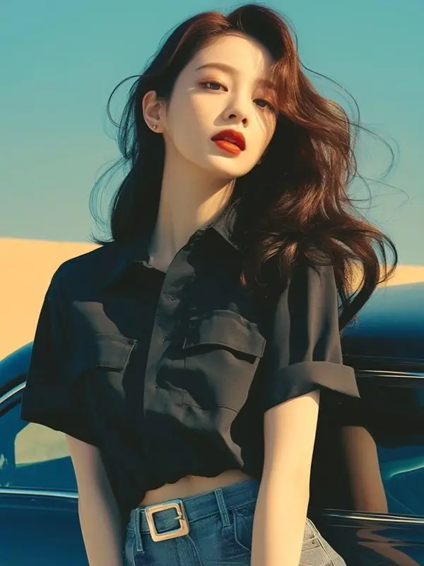 بلوزة ريترو بياقة بولو بأكمام قصيرة للنساء بتصميم فريد من نوعه لأسلوب الصيف القصير الرائع