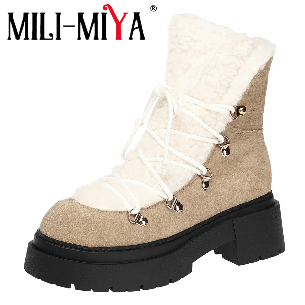 MILI-MIYA Ladies' Classic Cowhide Snow Boots with Slip-Resistant Rubber Soles Round Toe Pull-On Boots Warm Thick Fleece Lining