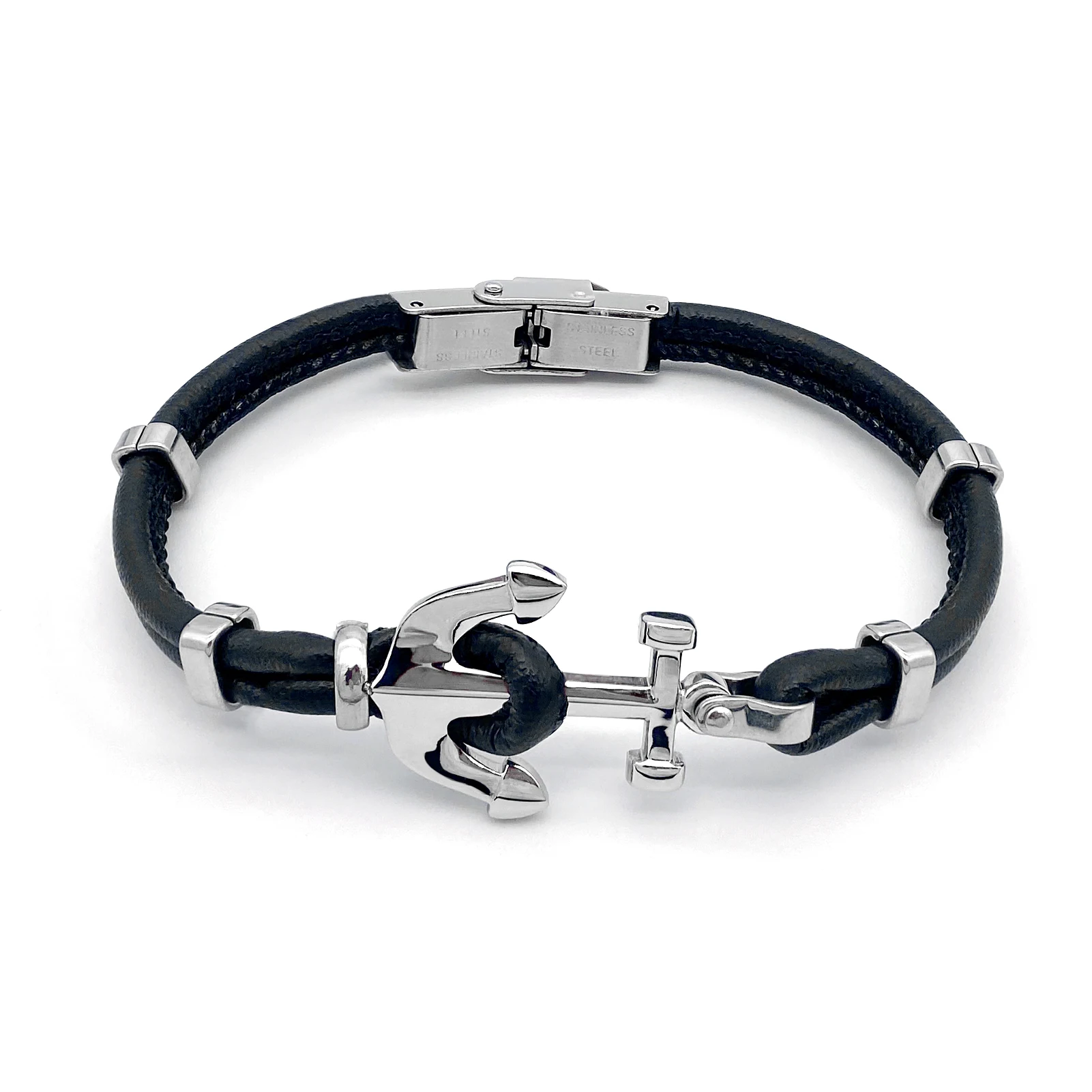 Runda Leather Black Chain with Boat Anchor Accessories Adjustable Length Men's Bracelet