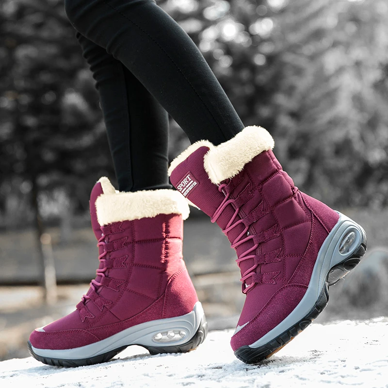 Women Boots Winter Keep Warm Quality Mid-Calf Snow Boots Ladies Lace-up Comfortable Waterproof Booties Thigh High Leather Boots