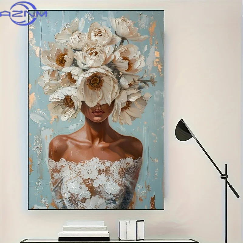 AZNM Modern Abstract White Floral Woman Poster and Prints Figure Art Canvas Painting Wall Art Picture for Living Room Home Decor