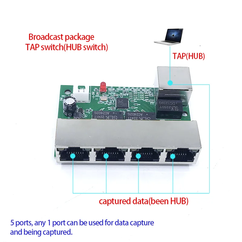 Fast switch mini 5 port ethernet TAP  switch 10 / 100mbps network switch HUB pcb module board for system integration module