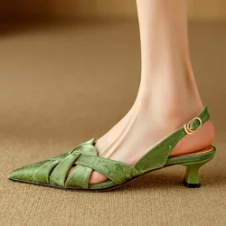 Women's genuine leather narrow band cross strap pointed toe slingback kitten heel sandals 2024 summer new heeled shoes for woman