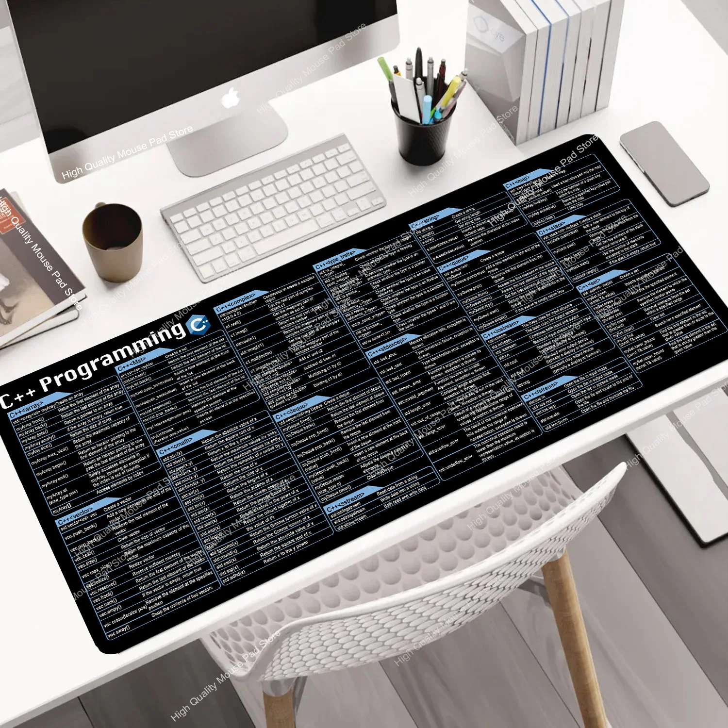 C++ Programing Mouse Pad XXL Large Shortcuts Keyboard Mousepad Cheat Sheet Desk Mat Stitched Edge Non-Slip Base for Engineer