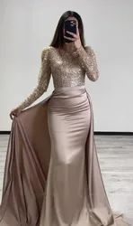 Sparkly O-Neck Evening Dress with Detachable Sequin Skirt Long Sleeves Mermaid Champagne Satin Prom Party Gowns robe de ache