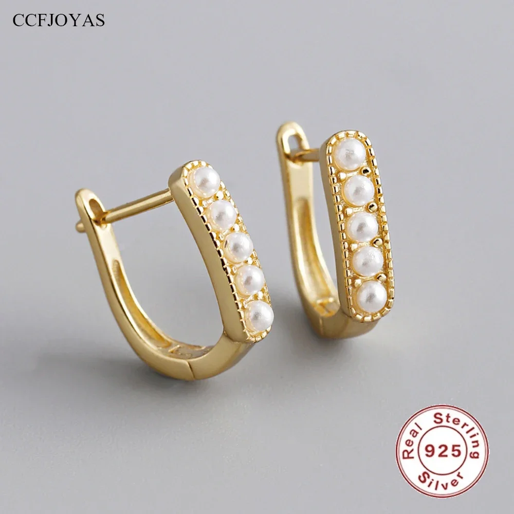 

CCFJOYAS 925 Sterling Silver U-shaped Hoop Earrings for Women a Row of Pearl Circle Earrings Wedding Party Fine Jewelry Gift