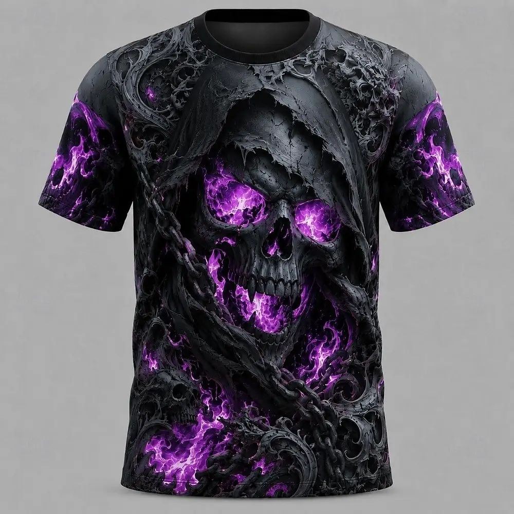 Men's Spring Summer 3D Printed Crew Neck Tee, Chain Wrapped Orange Flame Hooded Skull Gothic Horror Top