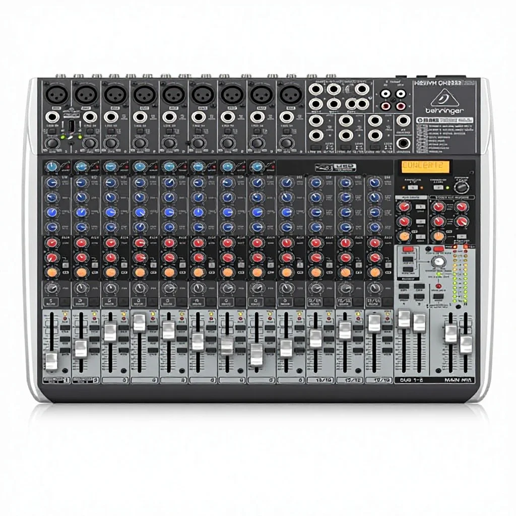 

Behringer XENYX QX2222USB Premium 22-Input 2/2-Bus Mixer Mic Preamps Compressors Klark Teknik Multi-FX Processor Wireless Option