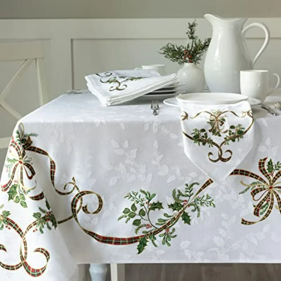 

Heavywght Engineered Printed Jacquard Fabric Christmas Table Cloth for Holiday Winter and Christmas Tablecloth Merry Ribbons 60